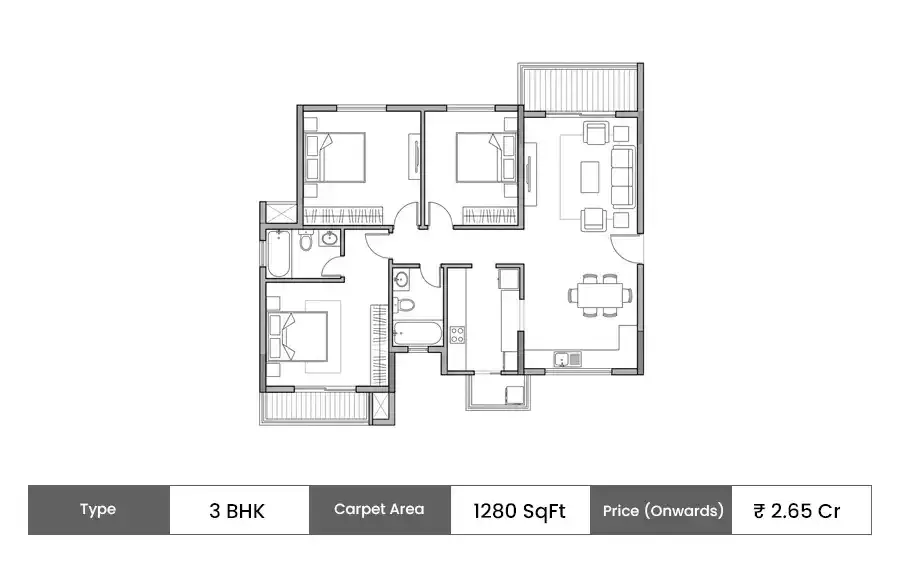 Hiranandani Hills 3 BHK floor plan, 1280 sq ft carpet area