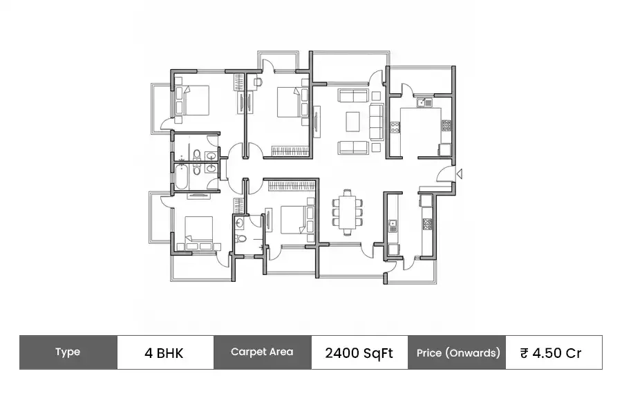 Hiranandani Hills 4 BHK floor plan, 2400 sq ft carpet area