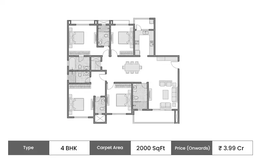 Hiranandani Hills 4 BHK floor plan, 2000 sq ft carpet area